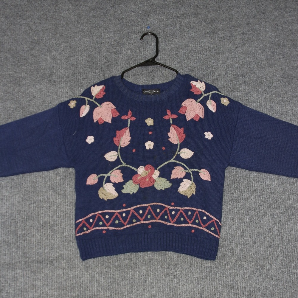 ONE STEP UP Women's Navy Blue Medium Embroidered Floral Knit Long Sleeve Sweater